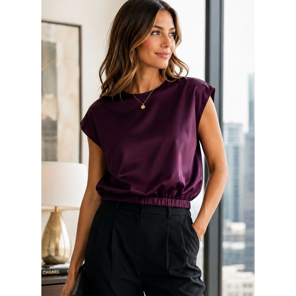 NWT And Now This Purple Plum Satin Boxy Shell Top Cap Sleeve Crop L